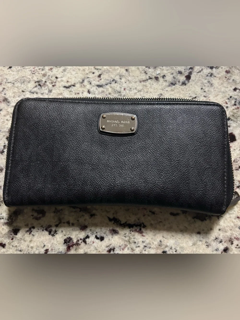 Michael Kors Black Leather Zip Wallet with Gold Plaque